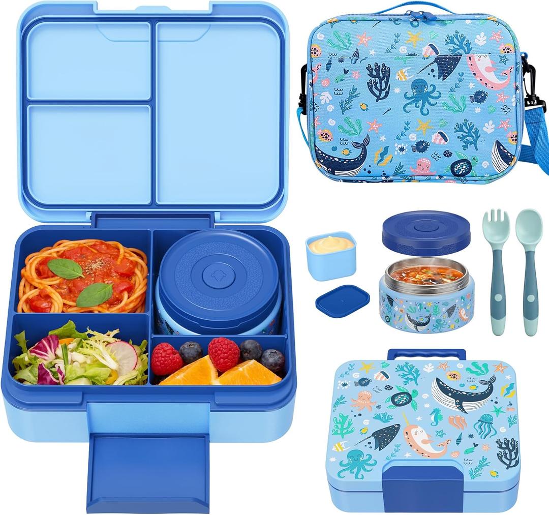 Kids Bento Lunch Box Set with 9.5oz Soup Thermo, Leak-Proof Lunch Food Containers with 3 Compartment and Removable Inner Tray, Insulated Hot Food Jar with Lunch Bag for School, Office, Sea Blue