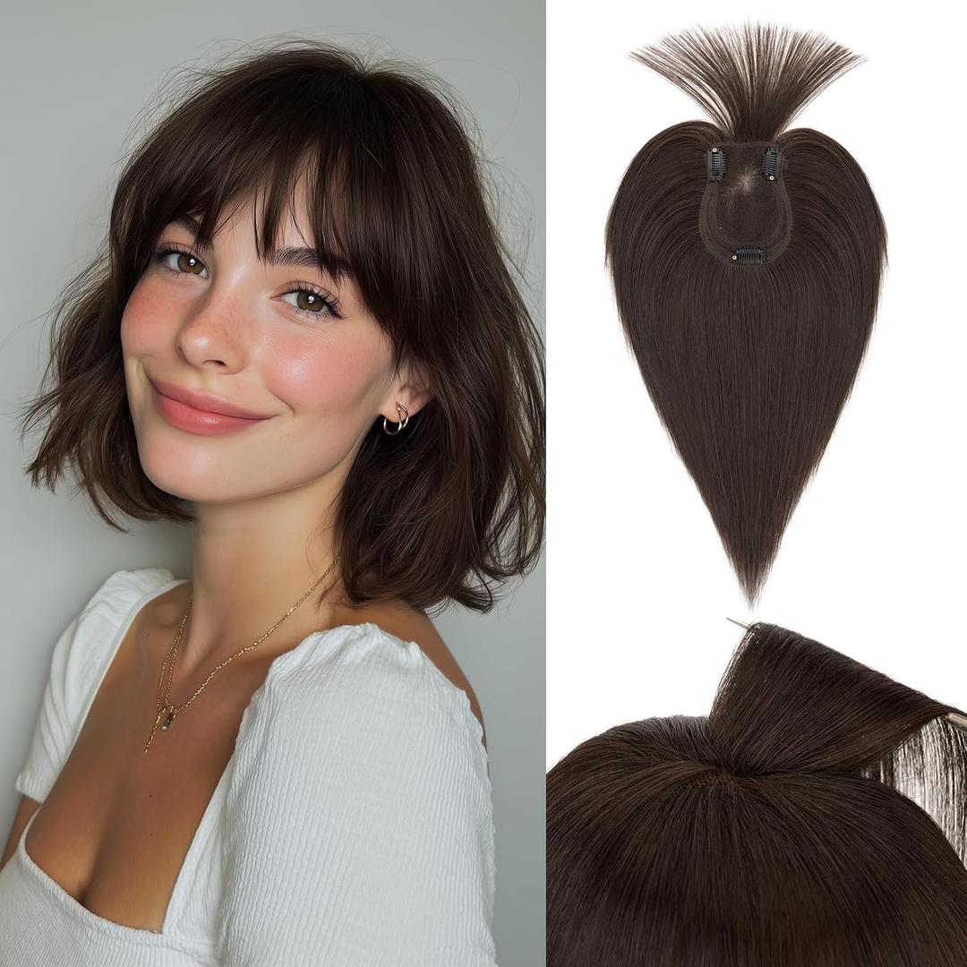 Hairro Human Hair Toppers with Wispy Bangs, 3D 360° Seamless Real Hair Toppers, Hand-Tied with 3.5"x4.7" U-shaped Base, Clip-In Hairpieces to Add Volume on Top, 12 Inch Dark Brown