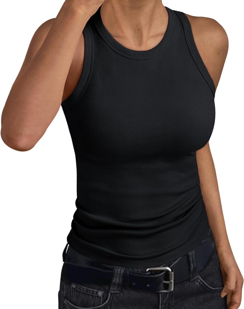 Trendy Queen Womens Tank Tops Summer Workout Racerback Ribbed Shirts Beach Vacation Outfits Spring Fashion Y2k Clothes (Small, Black)