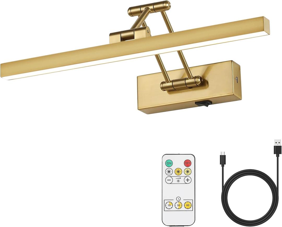 Picture Light Battery Operated Brass 15.7' Inch Long Rechargeable Wall Lights Dimmable LED Library Light with Swing Arm and Timer Function Cordless Wall Light Indoor Gold Color
