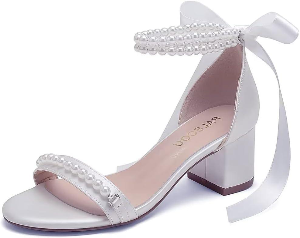 Block Heel Wedding Sandals Open Toe Pearl Wedding Shoes for Bride Low Heel Bridal Shoes Chunky Heel Sandals-White-6
