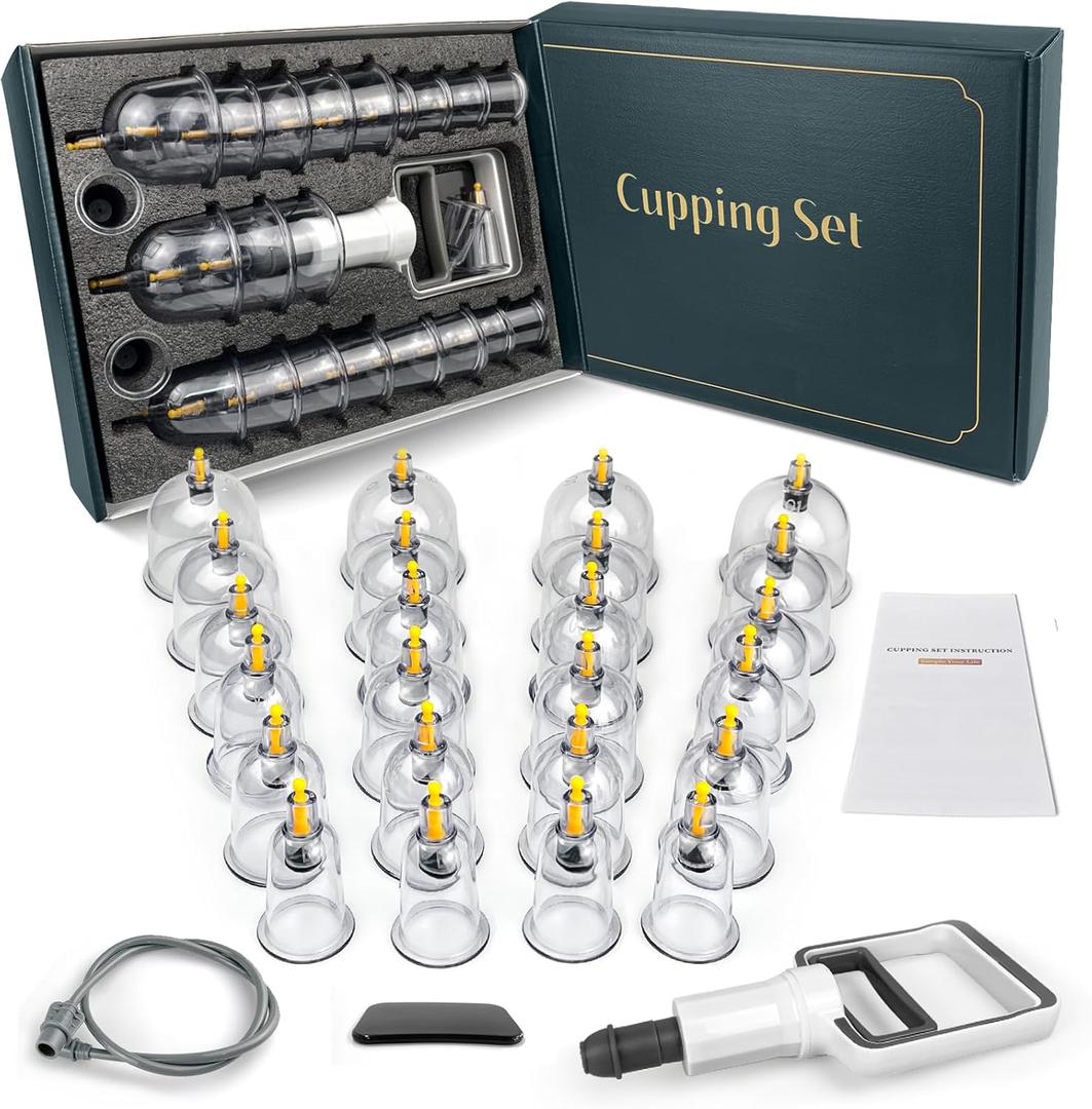 Cupping Kit for Massage Therapy - 24 Cups Professional Massage Cups Set with Manual Pump, Vacuum Cupping Therapy Set for Cellulite Reduction Muscle Pain Relief (24 Cups Green Box)