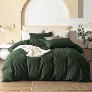 JIYUAN King Size Duvet Cover Set, 3-Piece - 100% Washed Cotton, Linen-Like Soft & Breathable with Zipper Closure, Includes 104x90 Inch Cover & 2 Pillowcases, Solid Forest Green