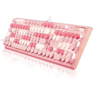 Cute Pink Keyboard Wired, with White Backlit Typewriter, Volume Knob, Light Switch Button, and Foldable Stands, Full Size with Number Pad for Computer PC Lapto
