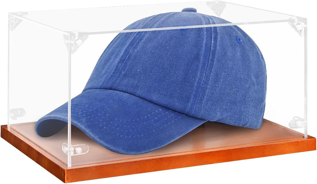 Clear Acrylic Hat Display Case with Wood Base & Tee, Memorabilia Stand Cube Holder, Dust Protection Transparent Storage Box for Single Hat Souvenir Hats Collections