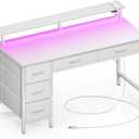 Seventable Computer Desk with Power Outlets & LED Light, 55 inch Home Office Desk with 5 Drawers, Writing Desk with Monitor Stand, Work Desk for Home Office, White