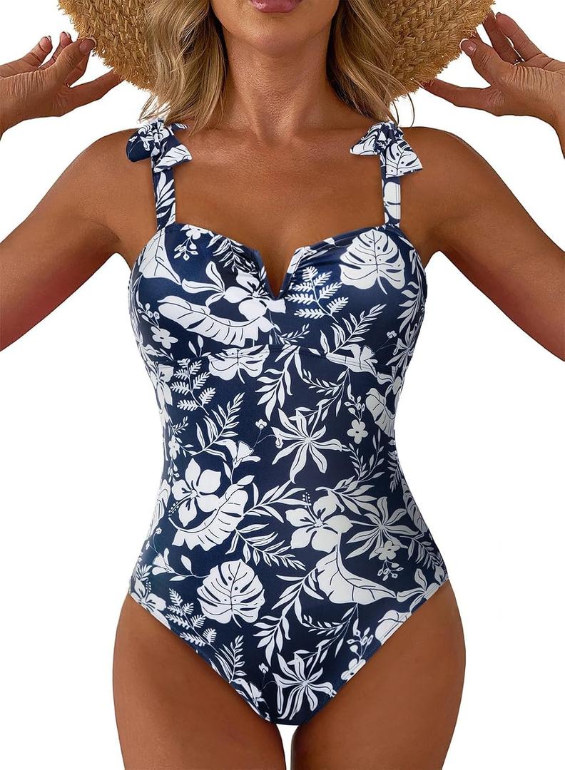 Aleumdr Swimming Suits for Women 2026 Sexy Printed One Piece Swimsuit Floral Tummy Control Bathing Suit V Neck Boho Tie Shoulder Monokini Navy Blue Small