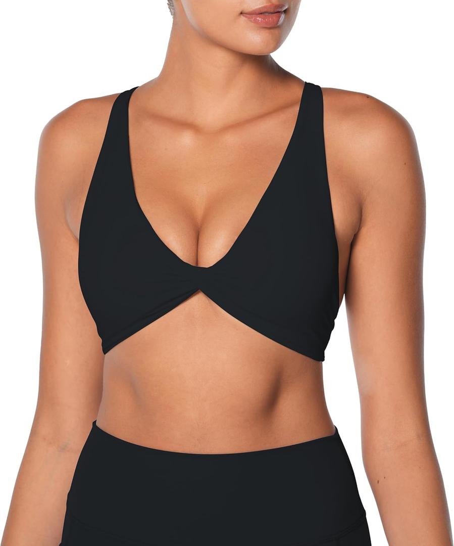 Sunzel Women's V-Neck Twist Sports Bra Low Impact with Removable Pads Cross Backless Straps Going Out Casual Padded Bralette (Black)