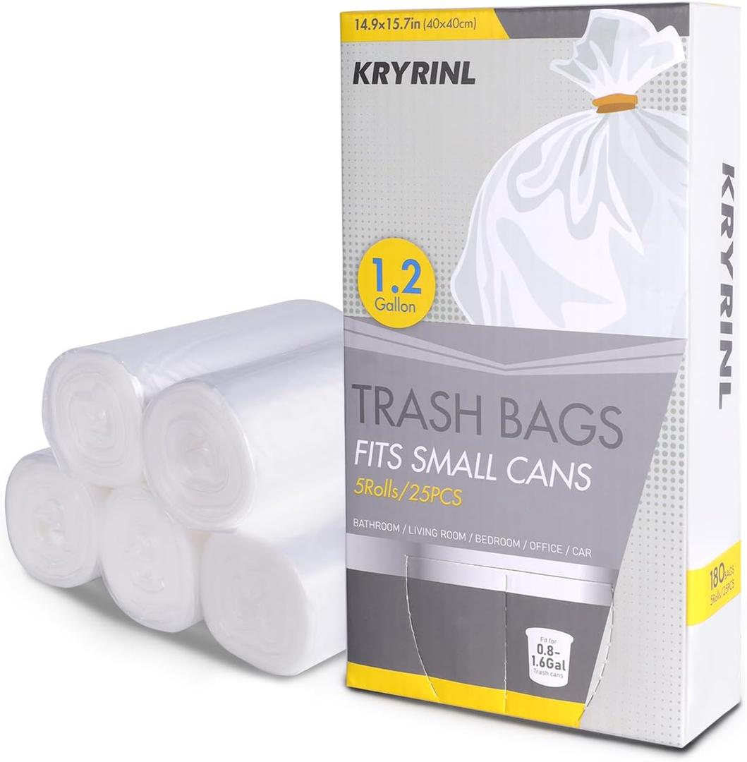 1.2 Gallon Flap-Tie Mini Trash Bags 125 Count Small, Leak Proof and Tear Resistant Garbage Bags for Bathroom, Kitchen, Office, Car, and Travel Durable Plastic Bin Liners, Clear