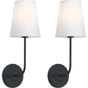 Pathson Set of 2 Vintage Wall Sconces Lighting White Fabric Shade, Hardwired Bathroom Wall Light Fixtures Decor for Bedroom Living Room(Black)