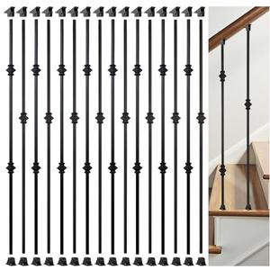 AAqq Decor 16 Pack Balusters for Staircase Interior Hollow Double and Single Knuckle Stair Spindles 1/2" Square Iron Balusters with 32 Swivel Shoes(A341-16)