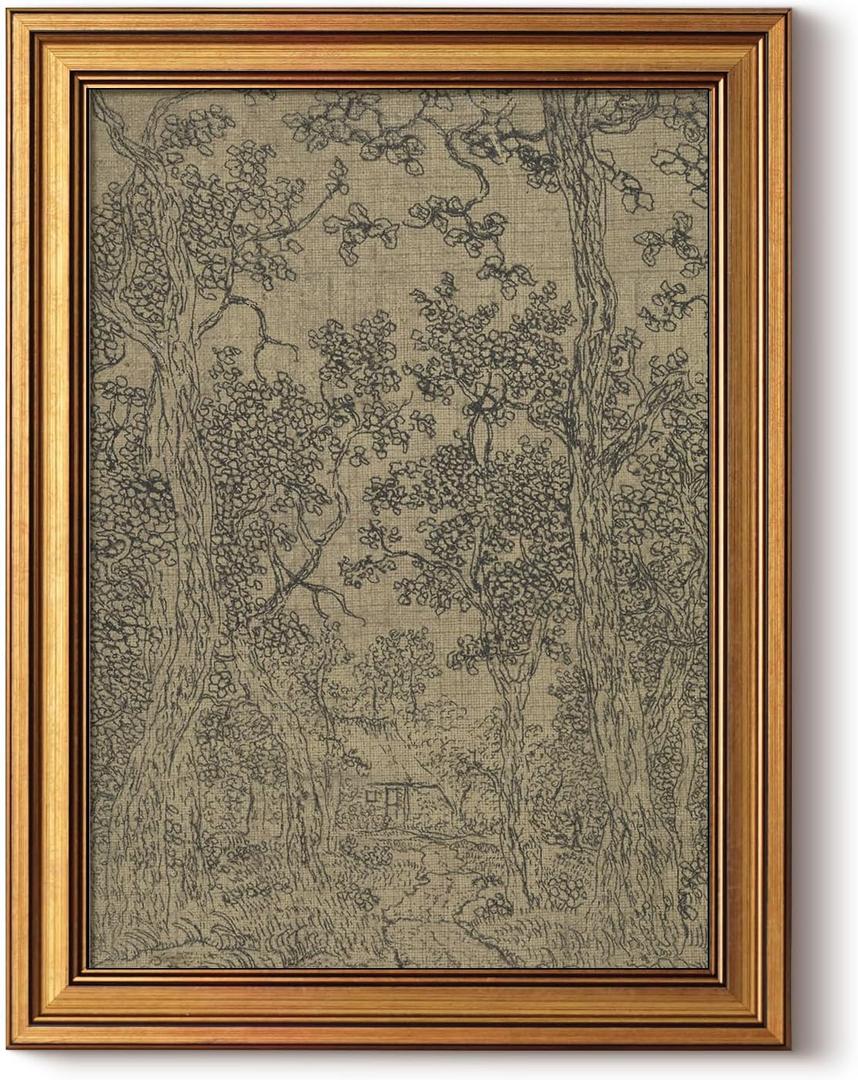 HUARCEY Gold Framed Canvas Wall Art, Antique Sketch Landscape Pictures Vintage Decor, Bedroom Kitchen Shelf Decor, Dark Moody Retro Country Farmhouse Canvas Paintings, 12x16inch