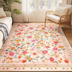 5x7 Area Rugs for Living Room Vacuum-Friendly Machine Washable Area Rug Flower Floral Printed Pattern Low Pile Non-Slip Carpet for Bedroom Hallway Entryway, Pink Beige