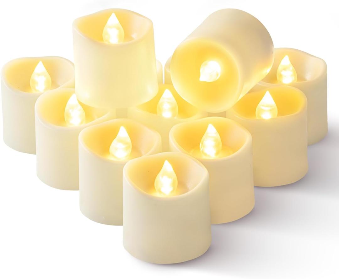 Homemory 12Pack Timer Flameless LED Votive Candles, Long Lasting Battery Operated Tea Light with Timers, 6 Hours On and 18 Hours Off Cycle Automatically for Wedding,Table Decorations (Ivory Base)