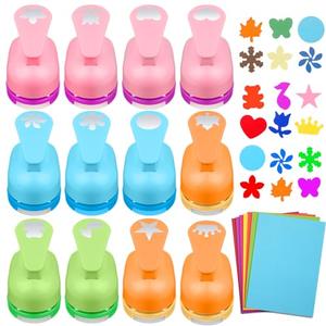 Motipuns 12 Pcs Craft Holes Punch Paper Punchers Scrapbook Punches with Craft Sticker Paper, Round, Maple Leaf, Star, Heart, Bear, Snowflake, Flower, Butterfly Shape, 1 Inch, 12 Shapes