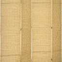 HOMCOM 4 Panel Room Divider, 6' Tall Folding Privacy Screen, Hand-Woven Freestanding Wood Partition for Home Office, Bedroom, Nature Wood