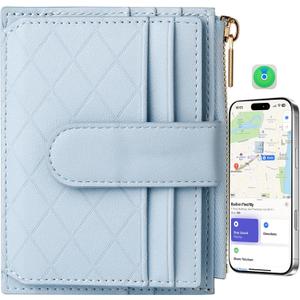 Women's Wallet Built-in Anti-Loss Tracker, RFID Blocking Small Compact Card Holder Wallet for Women Soft PU Leather Bifold Pocket Wallet Ladies Mini Purse with Zipper Pocket, ID Window (Light Blue)