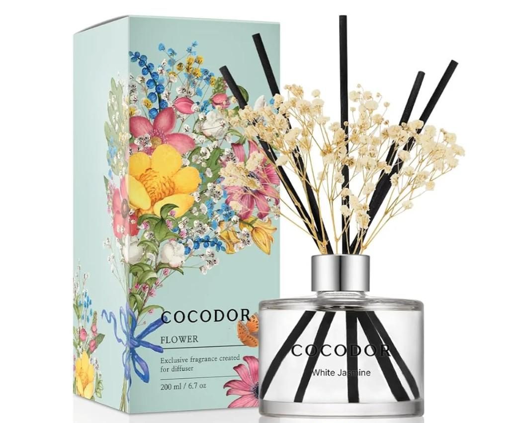 COCODOR Flower Reed Diffuser Set / 6.7oz / White Jasmine/Scent Diffuser with Sticks Home Fragrance Reed Diffuser for Bathroom Shelf Decor