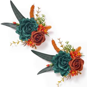 Serwalin Set of 2 Boutonniere for Men, 6-7inch Corsage Groom and Best Man Boutonnieres for Wedding Prom Ceremony Anniversary Party Cake Topper, Teal Orange