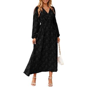 Simplee Womens Boho Floral Long Sleeve Maxi Dress V Neck Empire Waist Fall Wedding Guest Dresses with Pockets (Black), Large