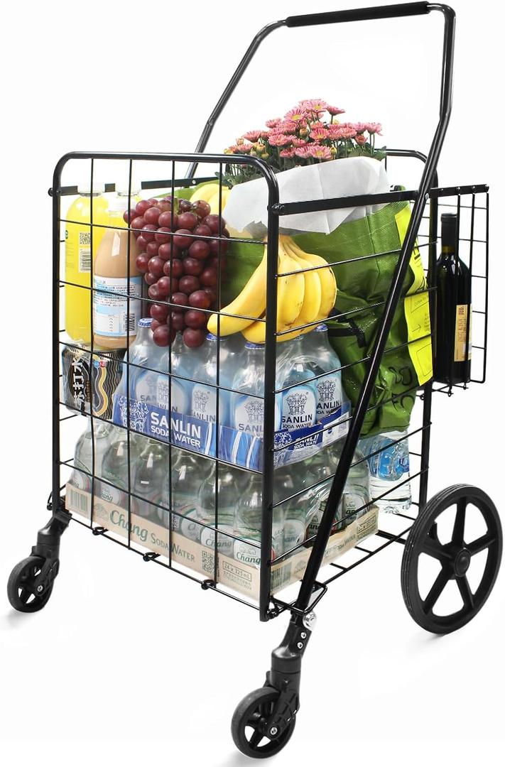 MaxWorks 50927 Folding Dual Basket Cart  140 lbs Capacity, 360 Swivel Casters, Quick Assembly, Heavy-Duty Carrier for Groceries, Laundry, Travel