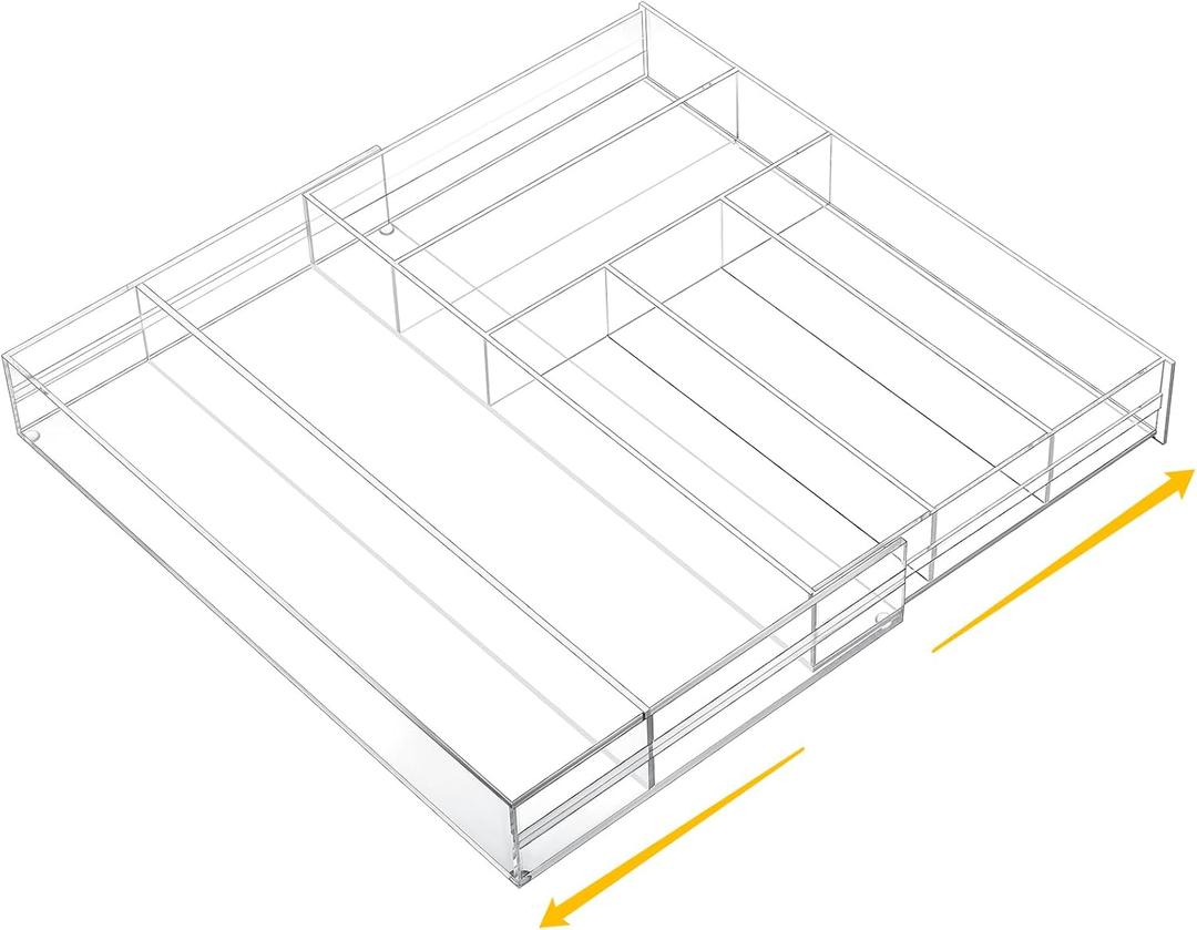 Briwooody 1 Pcs Acrylic Desk Drawer Organizer 9'' up to 18'' x 15'' x 2.1'' Expandable Drawer Organizer Trays with 7 Adjustable Compartments Clear Desk Accessories for Makeup Office Bathroom