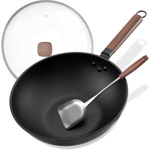 Carbon Steel Wok - Including Glass Cover and Steel Spatula, 13-Inch Woks & Stir-Fry Pans for Induction, Electric, Gas Stoves Carbon Steel Wok - Including Glass Cover and Steel Spatula, 13-Inch Woks & Stir-Fry Pans for Induction, Electric, Gas Stoves