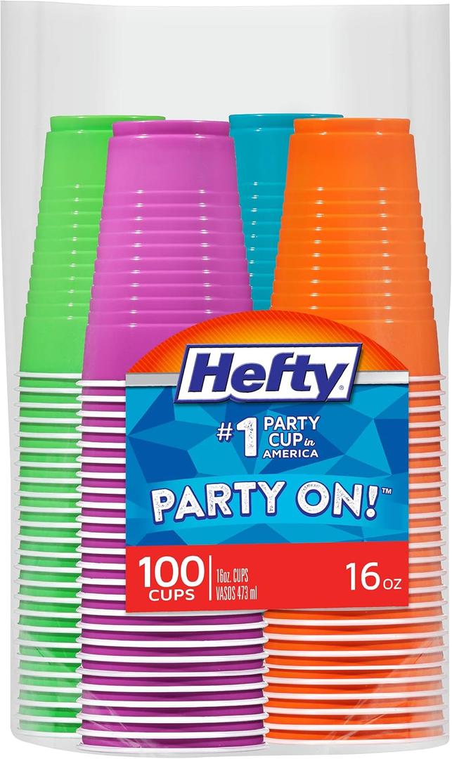 Hefty Party On Disposable Plastic Cups, Assorted, 16 Ounce, 100 Count