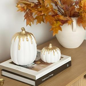 WDS WONDROUS Fall Pumpkin Decor Set of 2, White and Gold Pumpkins for Decorating, Resin Fake Pumpkin Figurines, Harvest Thanksgiving Mantel Table Centerpiece Autumn Home Decoration Gift