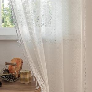 Boho Sheer Lace Curtains 84 Inch Length 2 Panels Set with Tassel Trim Semi Sheer Ivory White Light Filtering Vintage Bohemian Curtains for Living Room Bedroom Nursery home Decor Rod Pocket 54x84