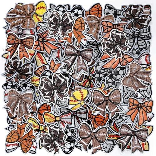 HunnmingRe 69Pcs Sports Bow Iron on Patches Embroidered Football Baseball Soccer Basketball Iron on Hat Patches Sport Appliques Sew on for Hat Backpack Pants Jeans Clothes DIY Crafts