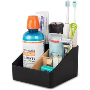 Toothbrush Holder for Bathrooms, 4 Slots Tooth Brush Holder with Detachable Bamboo Dividers, Countertop Organizer for Electric Toothbrushes, Toothpaste, Razors, Floss - Black (Large 6.1" x 6.1")