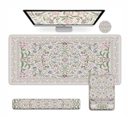 iCasso Mouse Pad with Wrist Rest,Large Desk Mat Set,Ergonomic Keyboard Pad with Wrist Support,Non-Slip Mouse Mat for Women,Cute Floral Computer Mat for Home Office Gaming (White)
