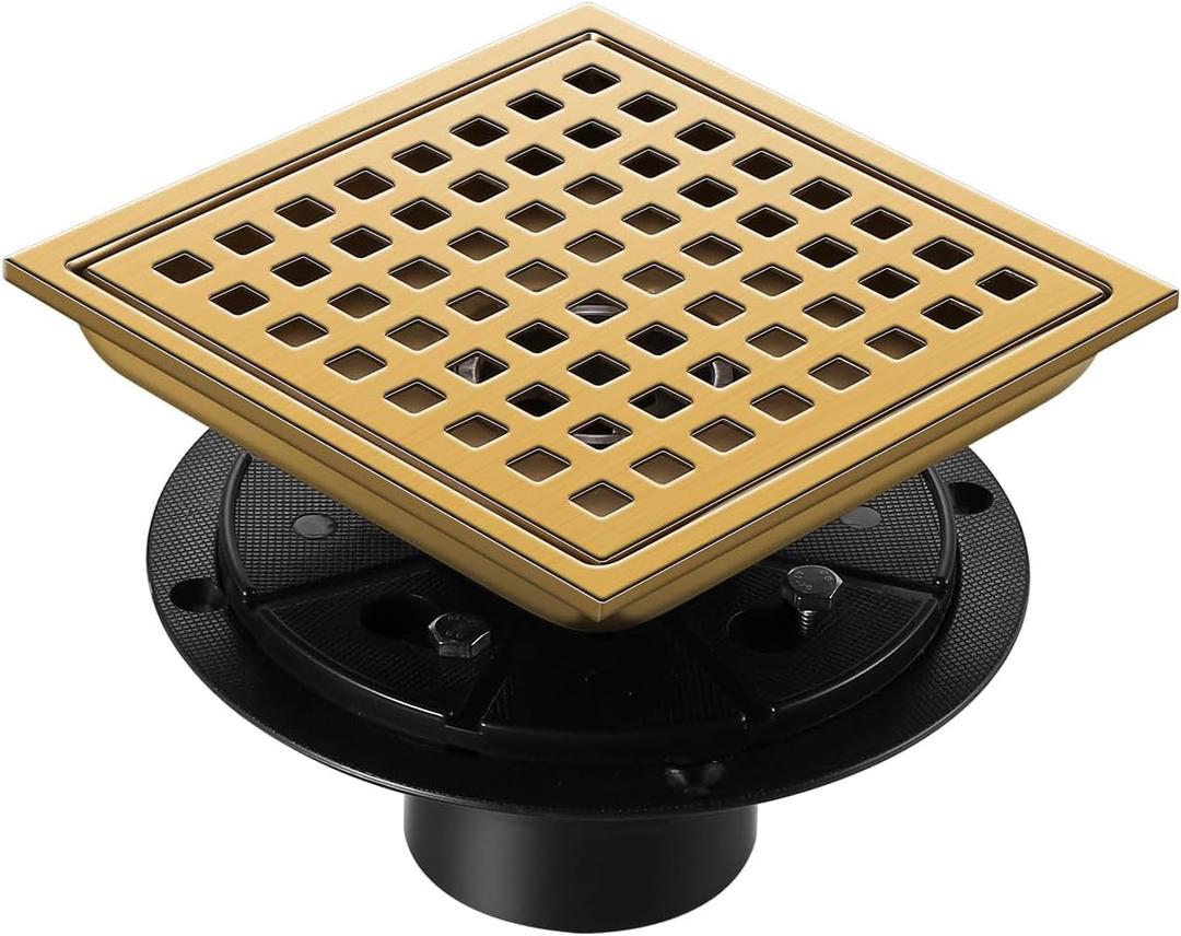 Shower Drain, Brushed Gold 6 inch Shower Floor Square Drain with Flange, Removeable Grid Panel SUS 304 Stainless Steel Square Shower Drain