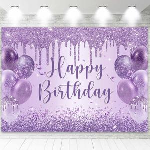 Sensfun Purple Happy Birthday Backdrop Banner Shiny Glitter Balloon Photography Background for Women Girls Sweet 16 18th 21st 30th Birthday Party Decorations Banner Photo Booth Props 6x4ft