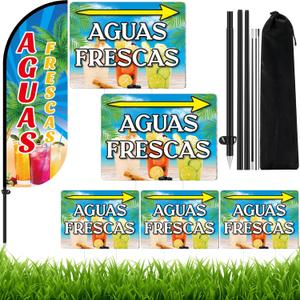 HunnmingRe 6 Pcs Aguas Frescas Sign Set Includes 7ft Aguas Frescas Feather Flag with Pole Kit and 5 Pcs Double Sided Yards Signs with Stake Advertising Feather Banners Sign for Summer Outdoor Business