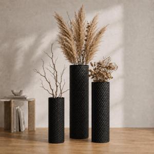 Black Tall Floor Vases Set of 3, 27 Inch Large Metal Decorative Vases with Honeycomb Texture- Modern Cylinder Floor Vase for Living Room Corner, Pampas Grass＆Dried Flowers, Home Decor (Black)