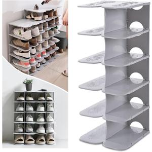 ACPOP 6-Tier Shoe Slots Organizer, Adjustable Vertical Narrow Stackable Shoes Rack for Closet, Free Standing Plastic Shelf Storage Stacker Saving Small Spaces and Entryway, Corner, Doorway, Grey