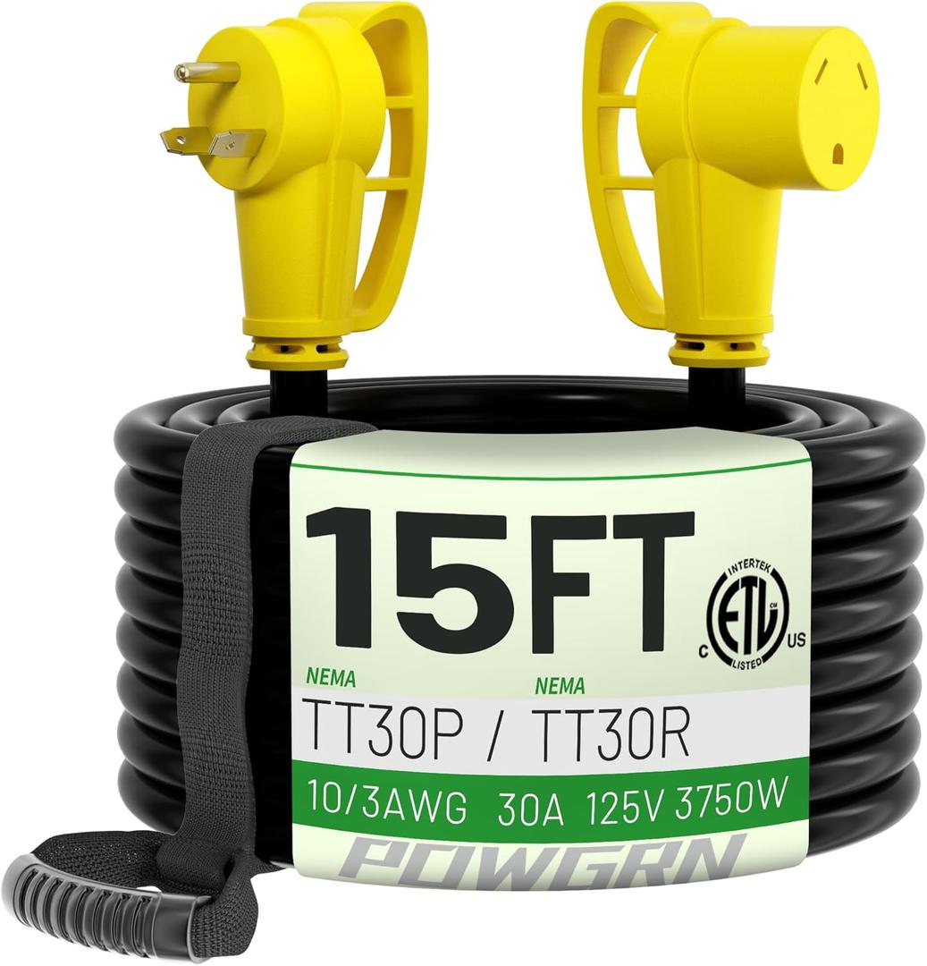 POWGRN 30 Amp RV Extension Cord 15 FT Outdoor with Grip Handle, Flexible Heavy Duty 10/3 Gauge STW 3 Prong RV Power Cord with Cable Organizer, NEMA TT-30P to TT-30R, Black-Yellow, ETL Listed