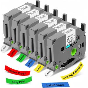 6-Pack Label Maker Tape Replacement 12mm 0.47 White Laminated for P Touch, Compatible with PTouch TZ-TZe 1/2" Black & Color TZE231 for PT-D220 D210 H110 D200 D400 D610BT Refills (Black on Colorful)