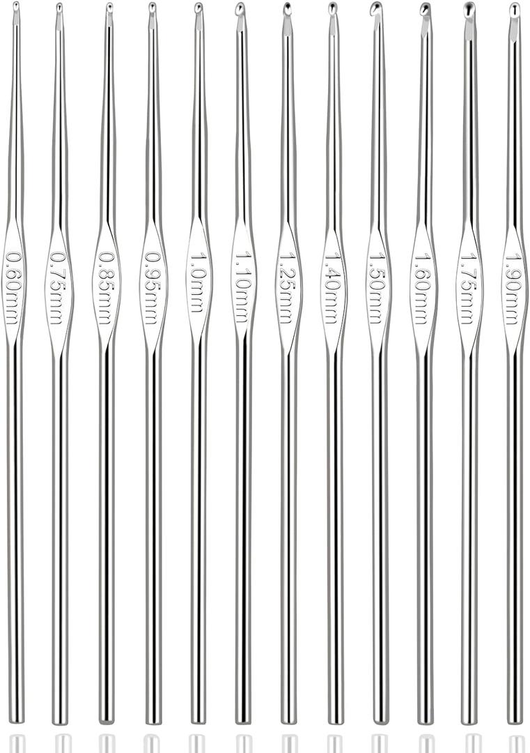 12pcs Metal Crochet Hooks Set, 0.6mm-1.9mm Small Size Stainless Steel Crochet Needles, Embroidery Thread Knitting Weaving Tool for DIY Lace Yarn Craft, Silver