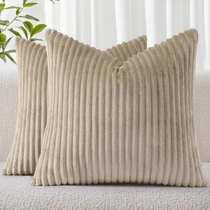 Simmore Decorative Spring Throw Pillow Covers 18x18 Set of 2, Soft Natural Plush Flannel Double-Sided Fluffy Couch Pillow Covers for Sofa Living Room, Light Brown