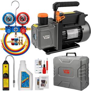 VTG VOGTEN 4.5 CFM AC Vacuum Pump and Gauge Set,for Mini Split/HVAC/Auto Systems,Manifold Gauge Kit Fits R134a R22 R410a R404a,with Leak Detector,Upgraded Trifold Storage Case,3 Hoses,R134a Can Tap