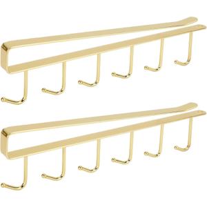 2pcs Mug Organizer for Kitchen Cabinets, Under-Shelf Coffee Cup Mug Rack with 6 Hooks, Fit for 1.1 Inch Thickness Shelf or Less, Suitable for Holder Hanger for Cups/Keys Storage/Scarf Gold