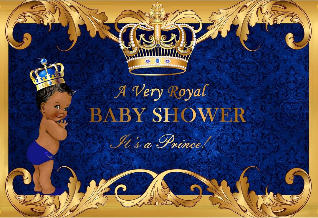 5x3ft Little Prince Black Boy Baby Shower Backdrop Little Baby Shower Party Banner Decoration Backdrops Royal Blue Gold Crown Photography Background P9614A
