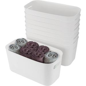 SEUNMUK 8 Pack 11x6x6 Inch Long Bathroom Vanity Plastic Organizer Storage Bin Tote with Handles, White Plastic Storage Bins for Kitchen Pantry, Bathroom, Bedroom, Laundry, Vanity Room