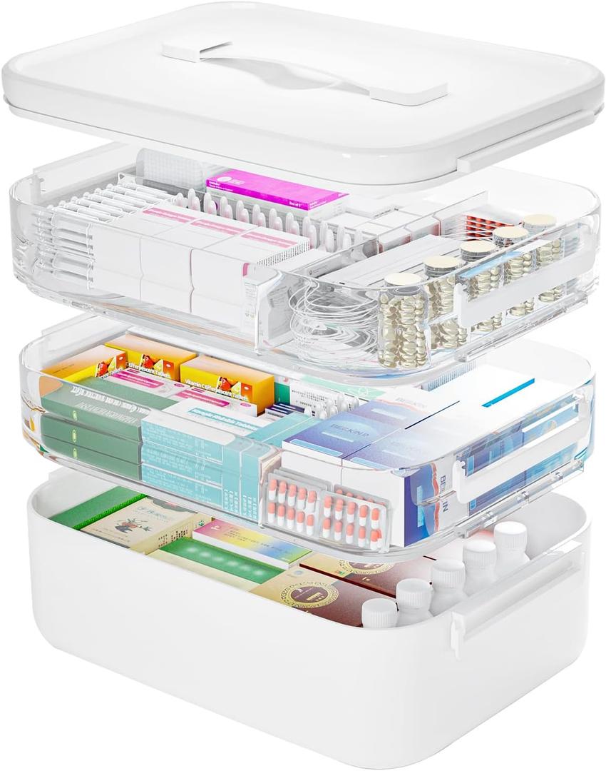 3-Tier Medicine Cabinet Organizer, Portable Medicine Storage Box with Handle, Empty First Aid Kit for Home