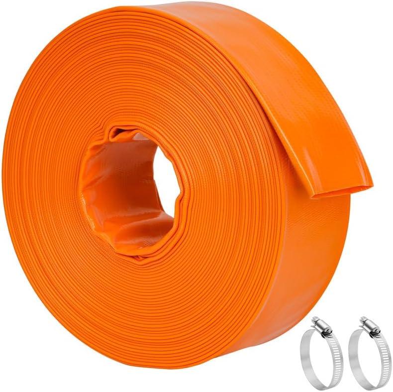 Pool Backwash Hose 100 FT x 2.5" - Heavy Duty Burst Resistant Flat PVC Pool Pump Hose for Inground Pools, Sump Pump Discharge & Filter Drainage, with Clamp (Orange)