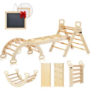 BlueWood Pikler Triangle Set, 7-in-1 Foldable Wooden Toddler Climbing Toys Indoor Playground Jungle Gym Montessori Philosophy Climber for 2-6 Years Old, Baby, Kids (Natural)