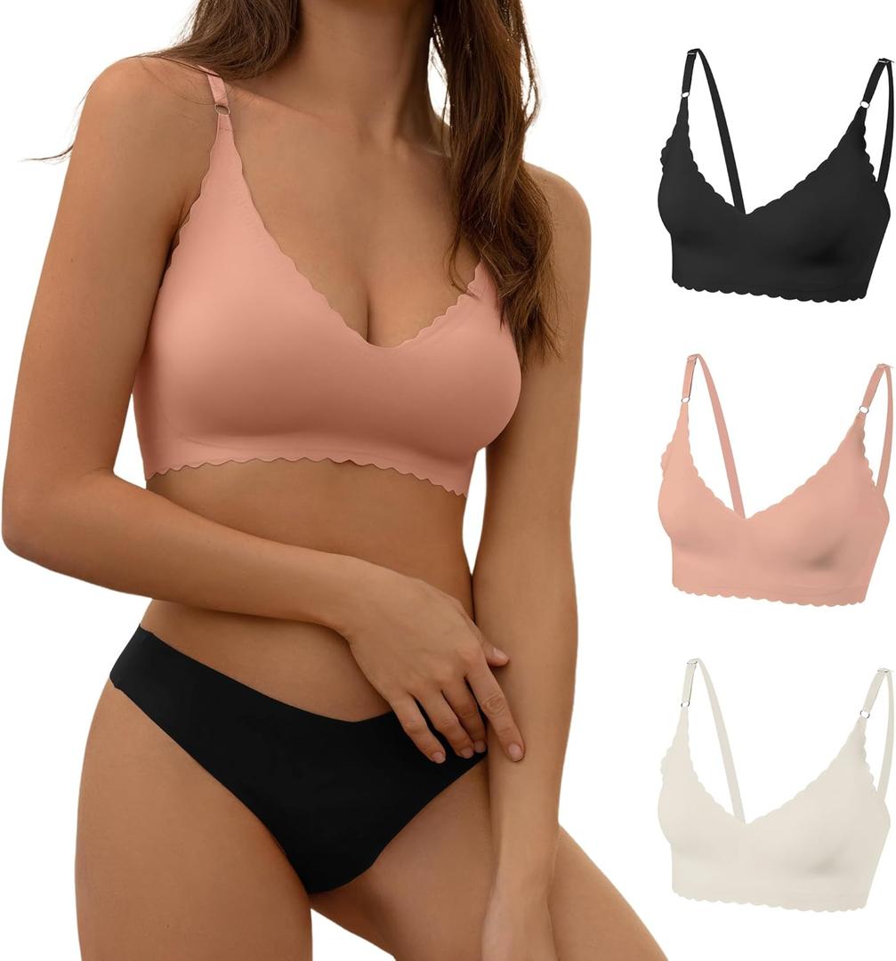 DEANGELMON V Neck Bra Padded Seamless Adjustable Straps Bralettes Everyday Basic Sleeping Bras Multiple Pack (Large, Black,soft Peach,apricot)